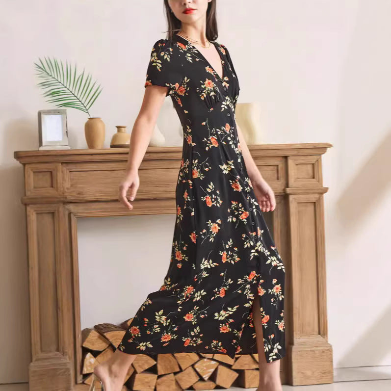 Vintage V-Ausschnitt Blumenkleid – Bild 7 | LuxeStyle