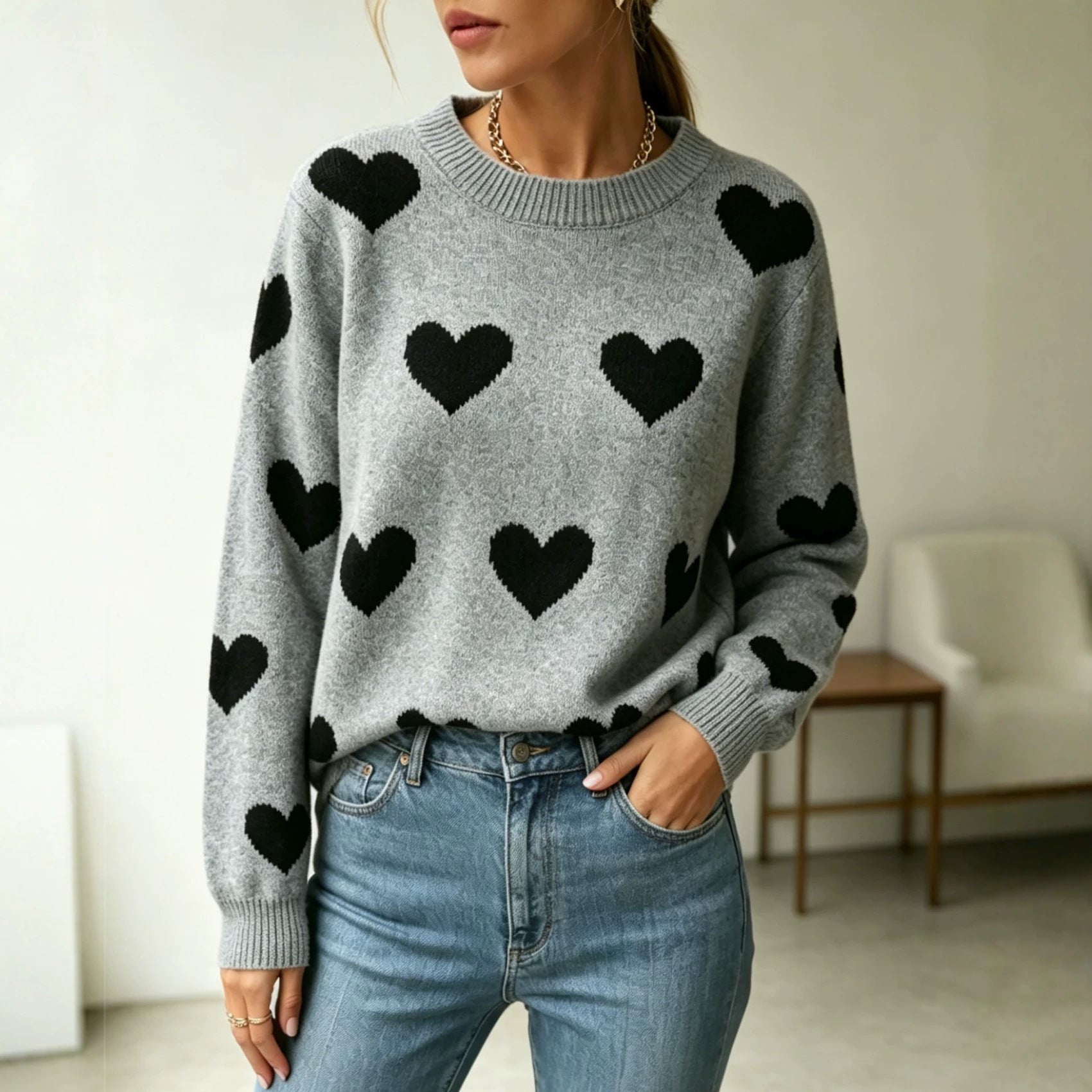 Vielseitiger Langarm-Strickpullover mit Rippenmuster
