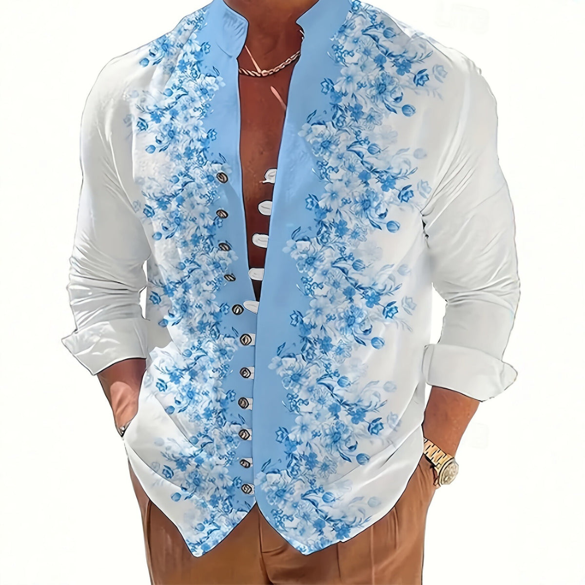 Stehkragenhemd mit Wellenmuster für Herren – Bild 4 | LuxeStyle