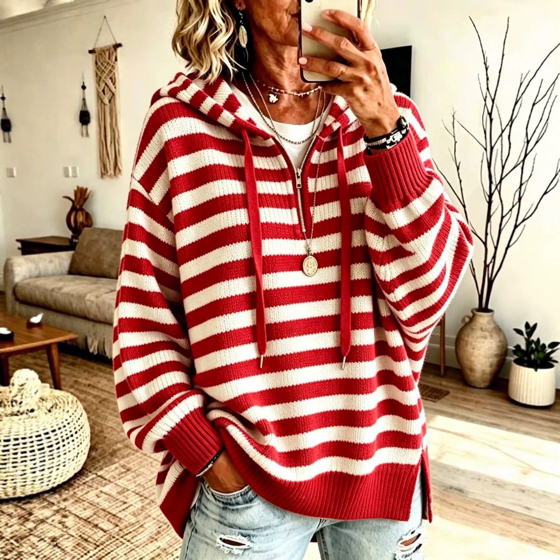 Gestreifter Half-Zip Pullover mit Stehkragen