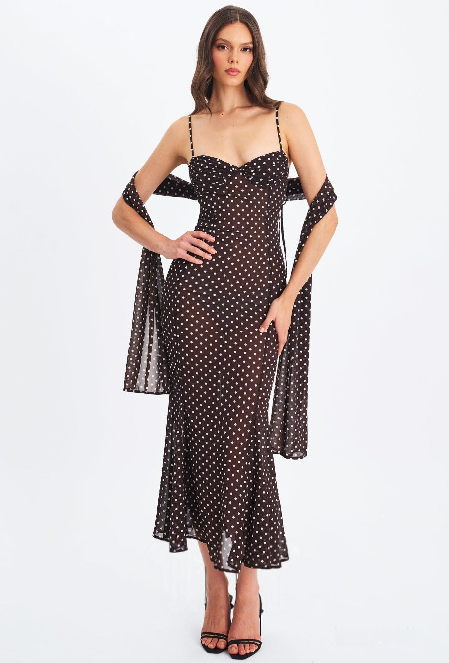 Polka-Dot A-Linienkleid mit Seidenschal-Detail – Bild 4 | LuxeStyle