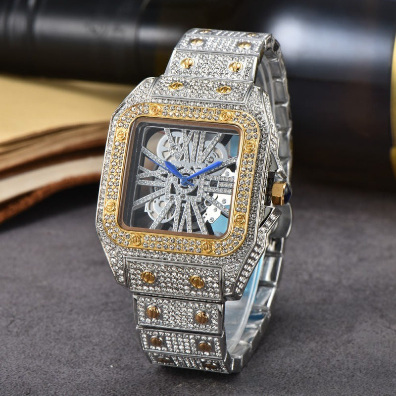 Quadratische Armbanduhr mit Edelstahlarmband und Diamantverzierung