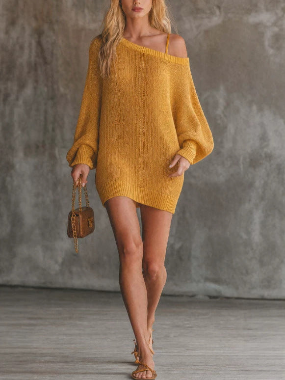 Off-Shoulder Strickkleid in Orange | LuxeStyle