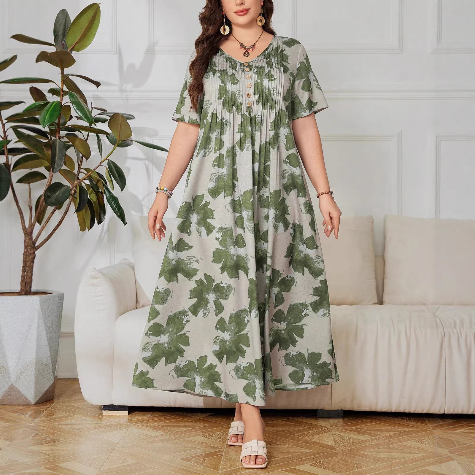 Bedrucktes V-Ausschnitt A-Linien Kleid