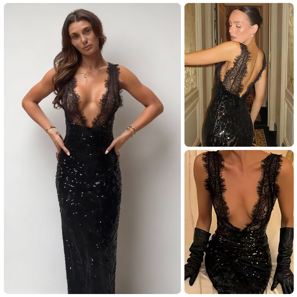 Schwarzes Pailletten-Kleid mit Spitze – Bild 4 | LuxeStyle