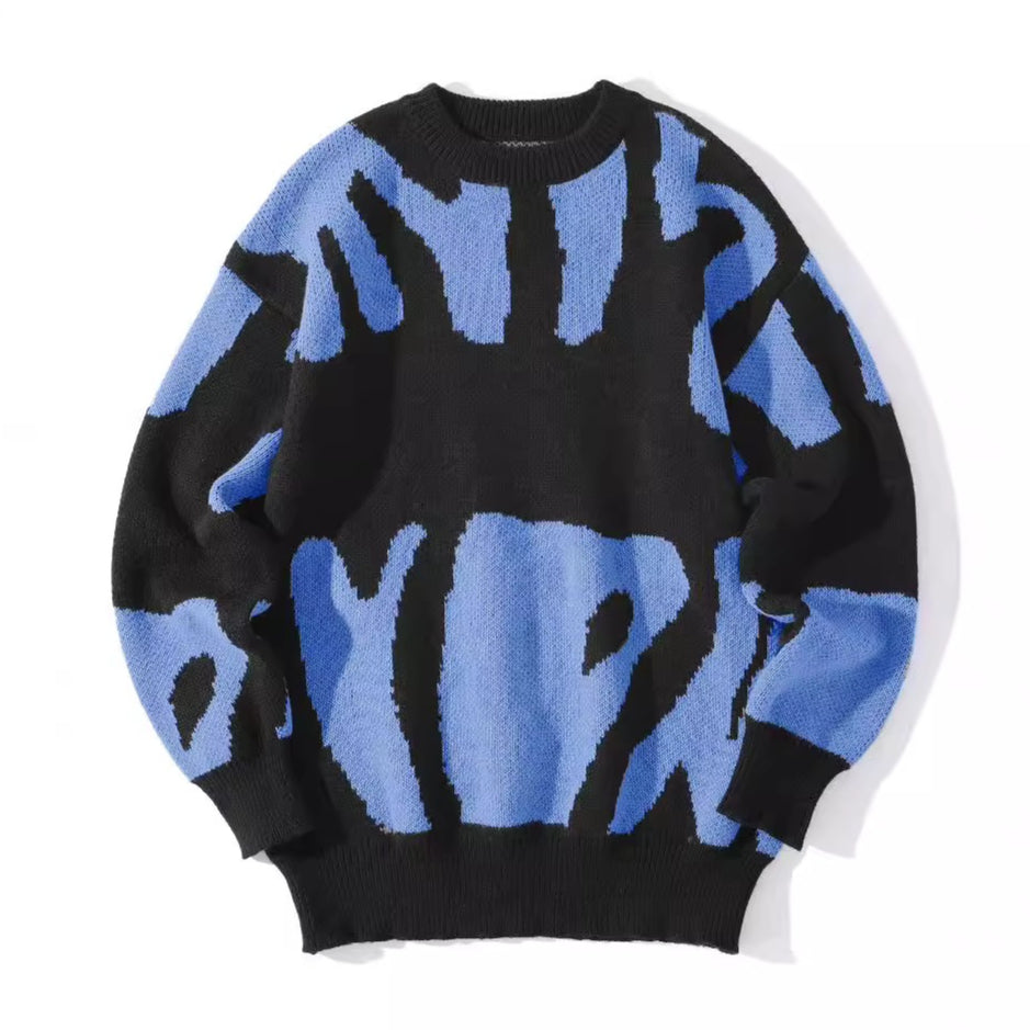 Blauer Pullover mit Wellenmuster