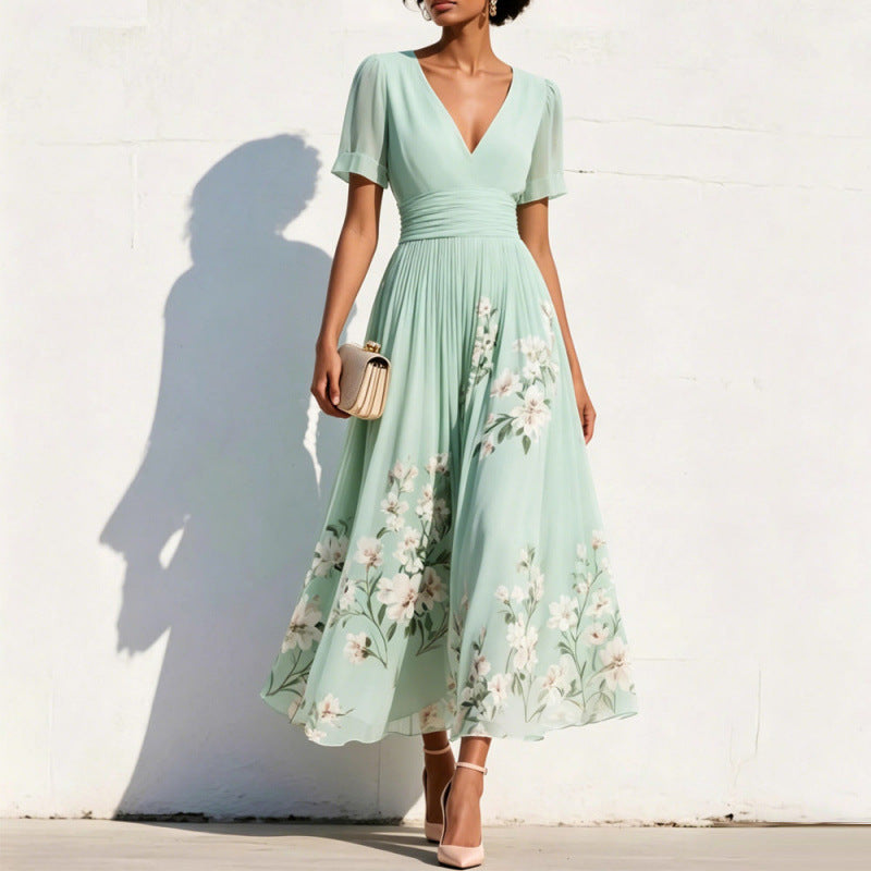 Lange Blumen-Kleid mit V-Hals