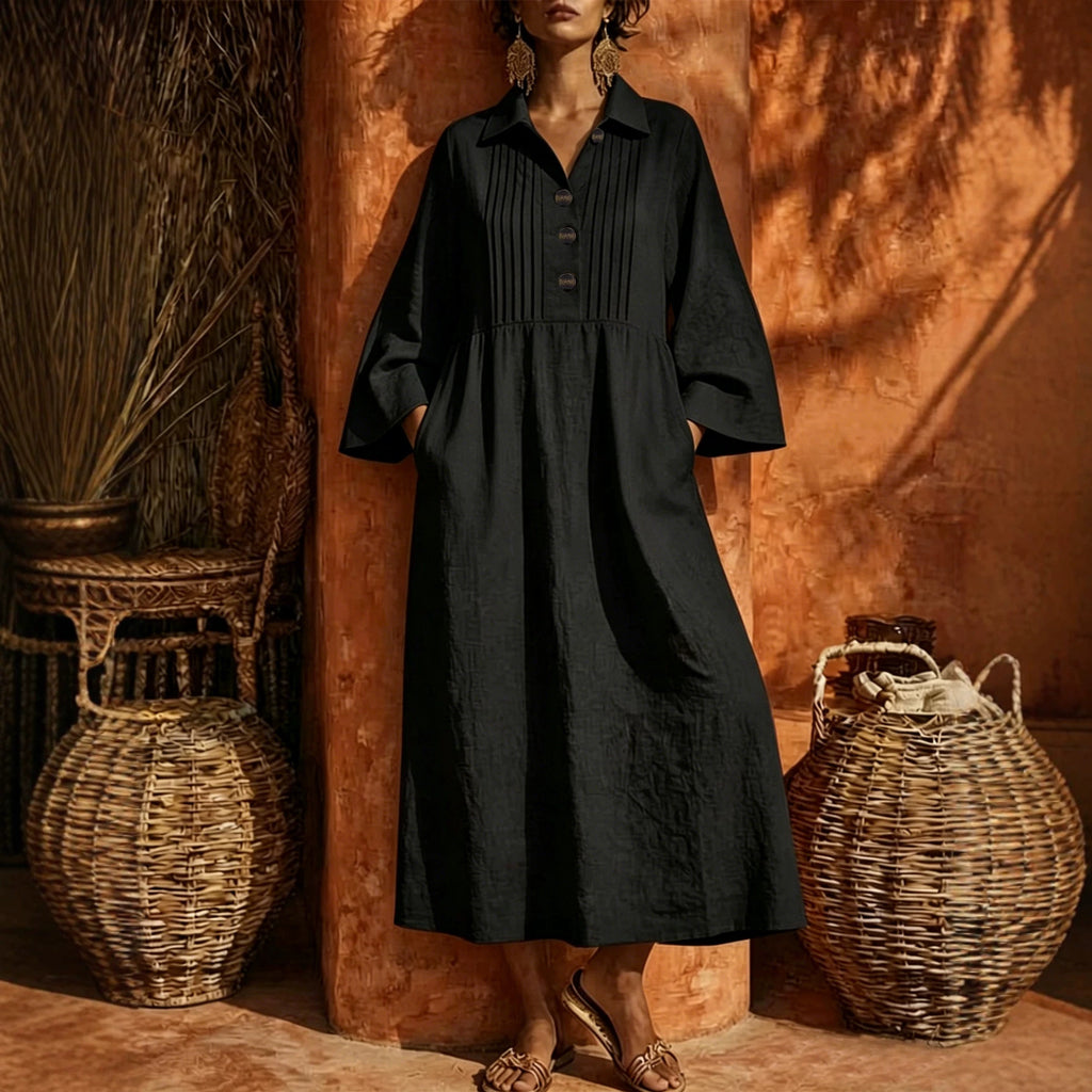 Langes V-Neck Freizeitkleid mit Knopfleiste | LuxeStyle