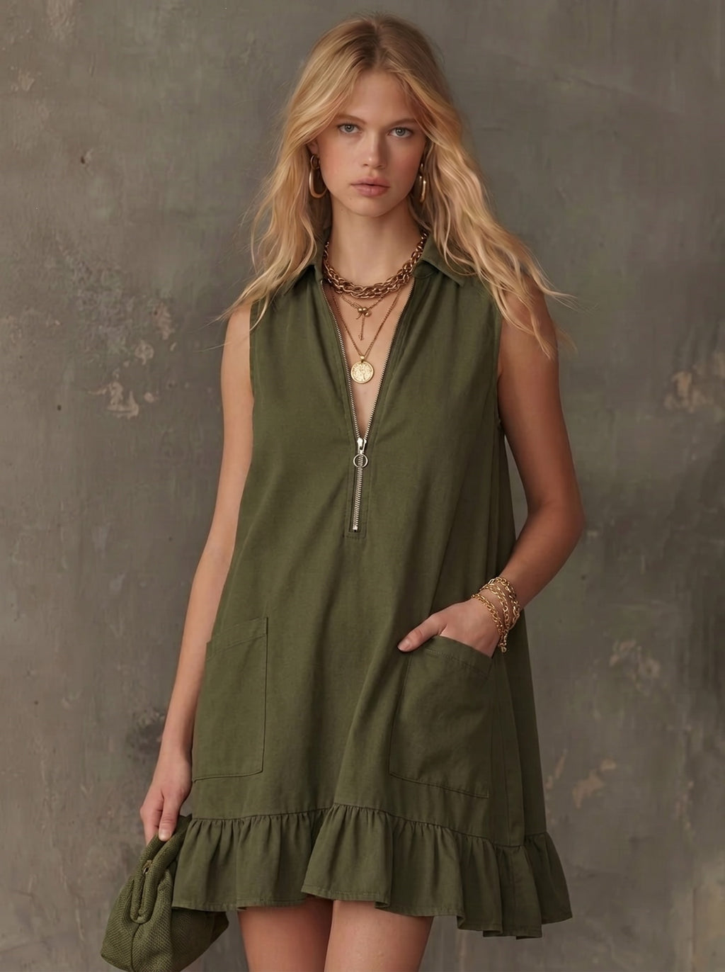 Ärmelloses V-Neck Rüschenkleid mit Taschen – Bild 4 | LuxeStyle