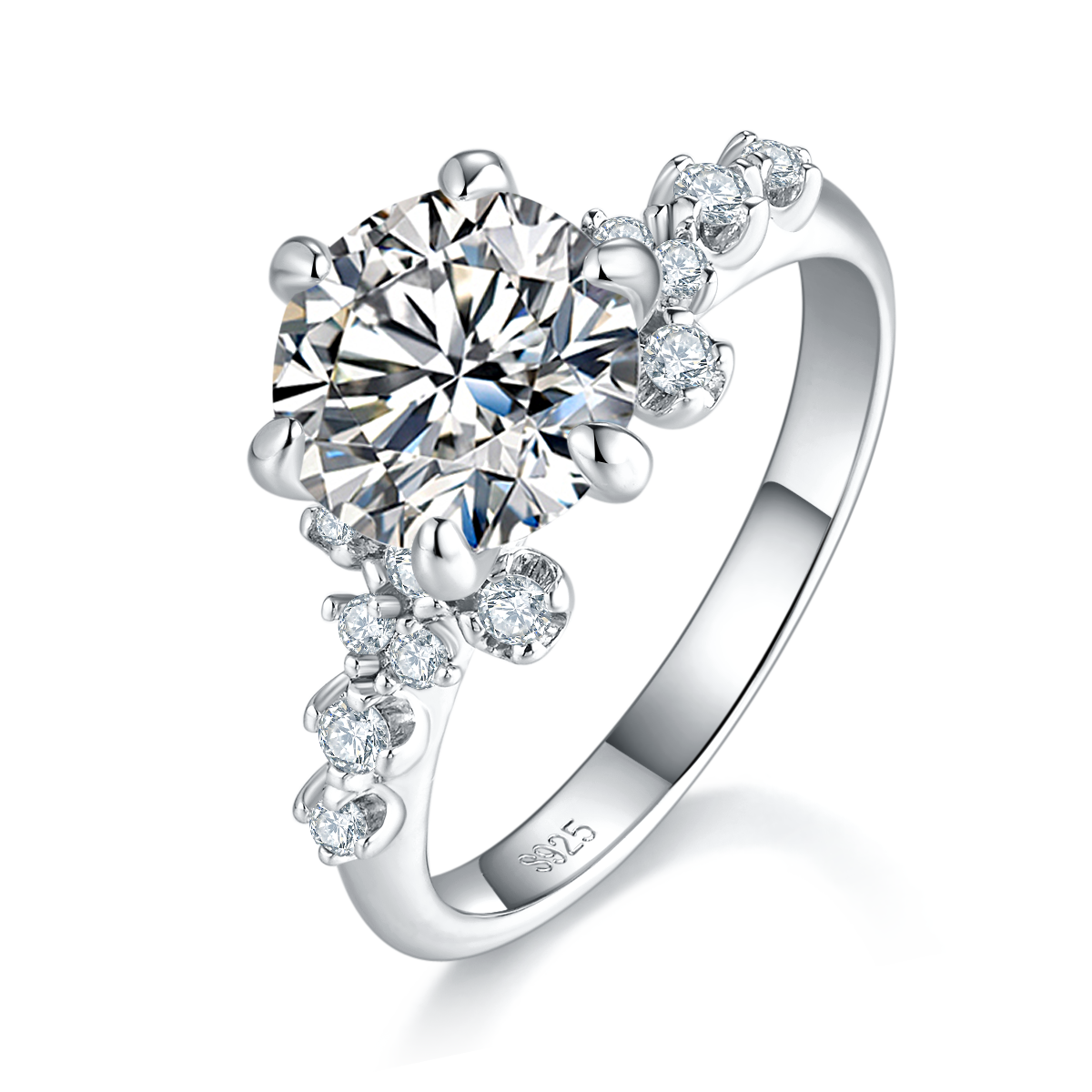 Silber 2ct Moissanstein Ring mit Blumenakzent, GRA-Zertifiziert