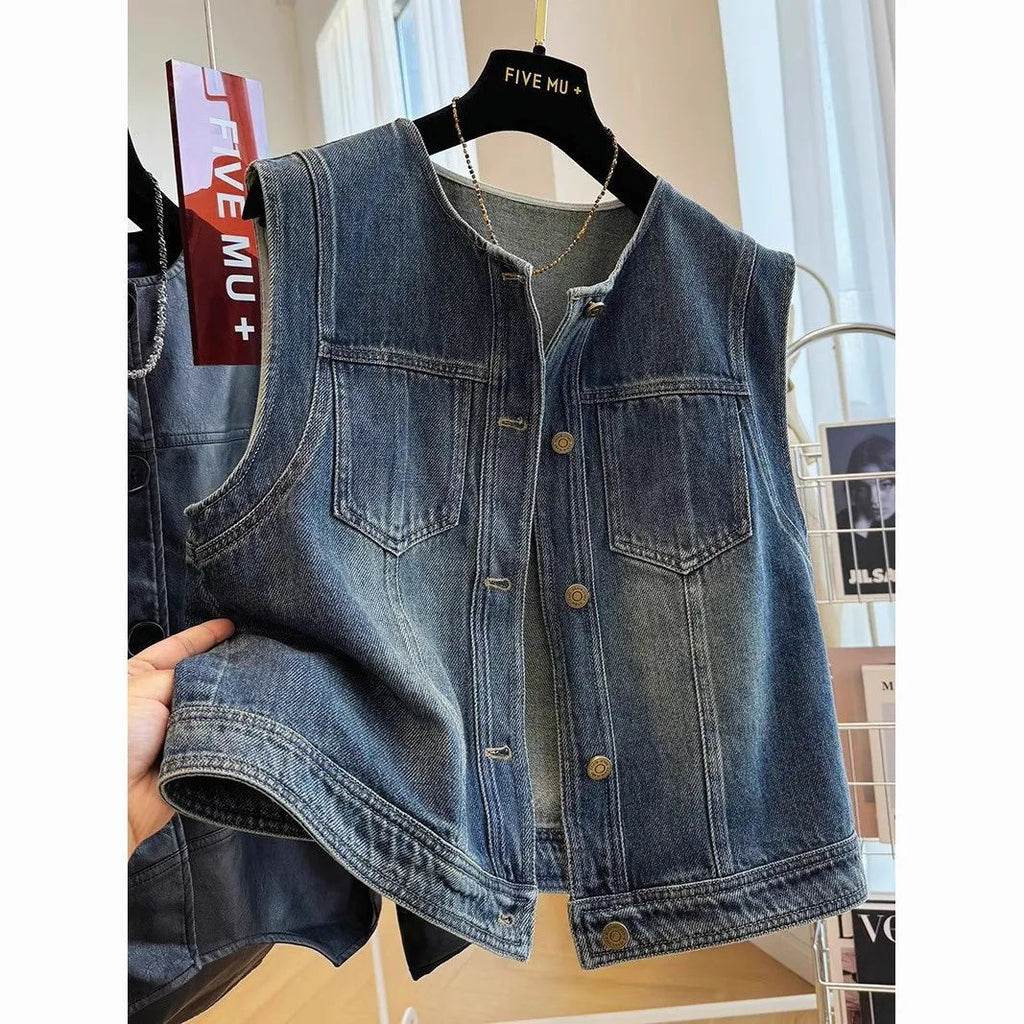 Figurbetonte Jeans-Weste mit Rundhals