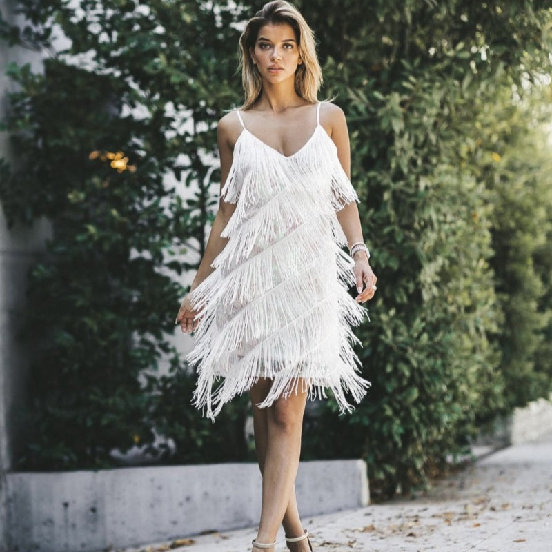 Damen Mesh-Kleid mit Quasten und V-Ausschnitt