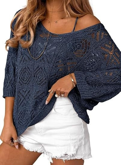 Gehäkelter Pullover mit Dreiviertelärmeln