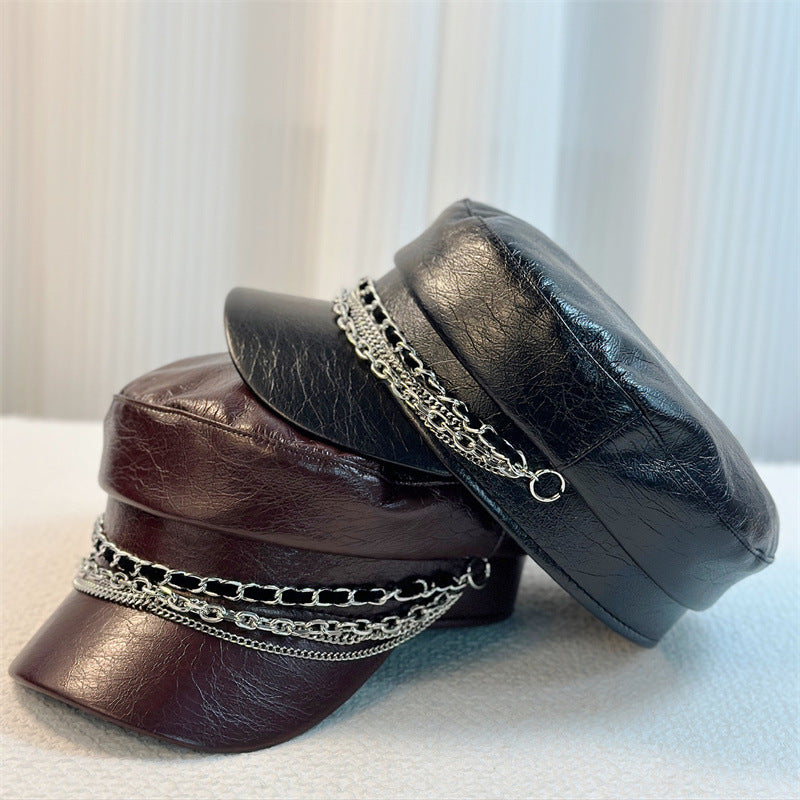 PU-Leder Newsboy-Mütze mit Ketten-Details