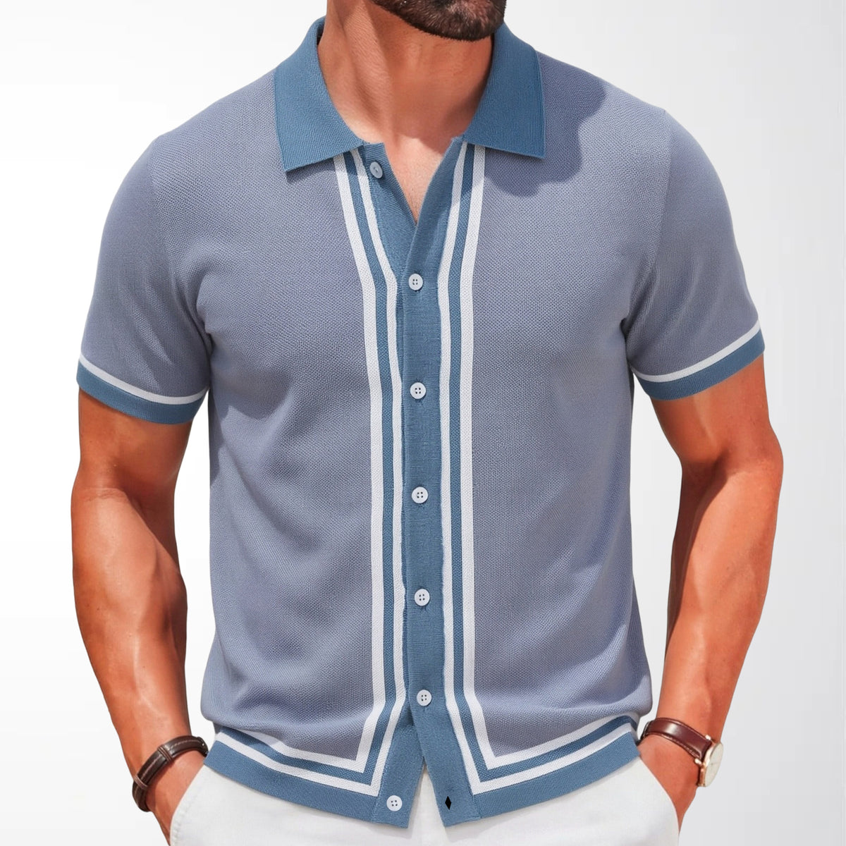 Kurzärmliges Strickhemd mit Streifen – Bild 6 | LuxeStyle