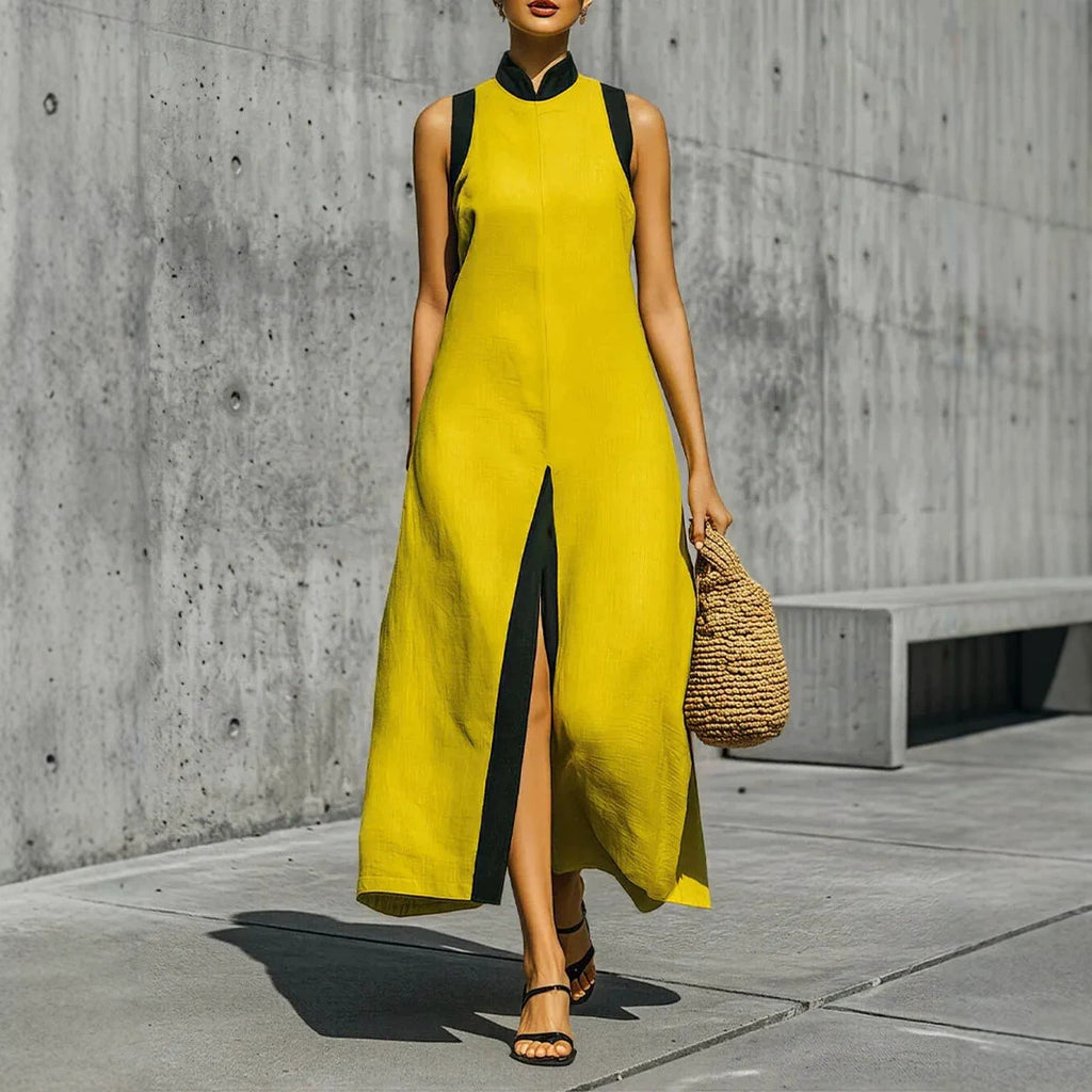 Eleganter Stehkragen-Multicolor-ärmelloses Schlitz-Langarmkleid – Bild 1 | LuxeStyle