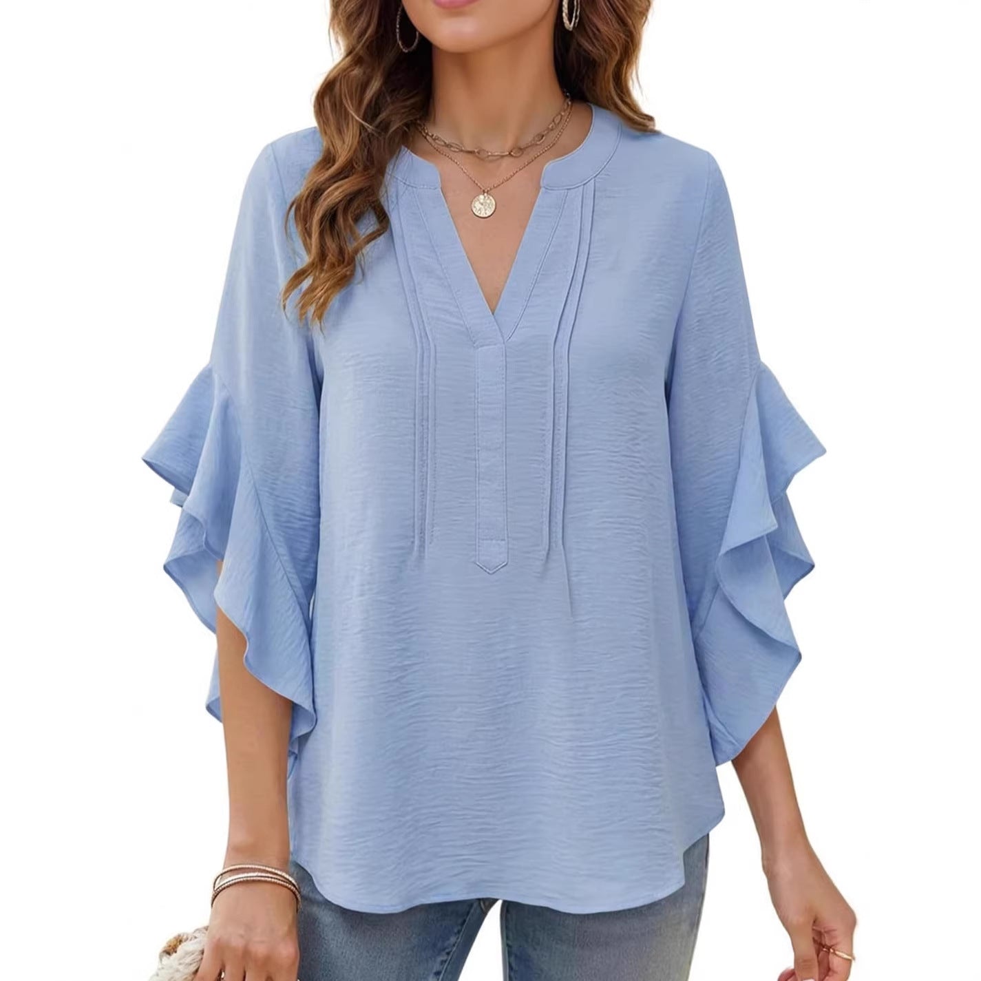 V-Ausschnitt Bluse mit Rüschen und 3/4-Ärmeln