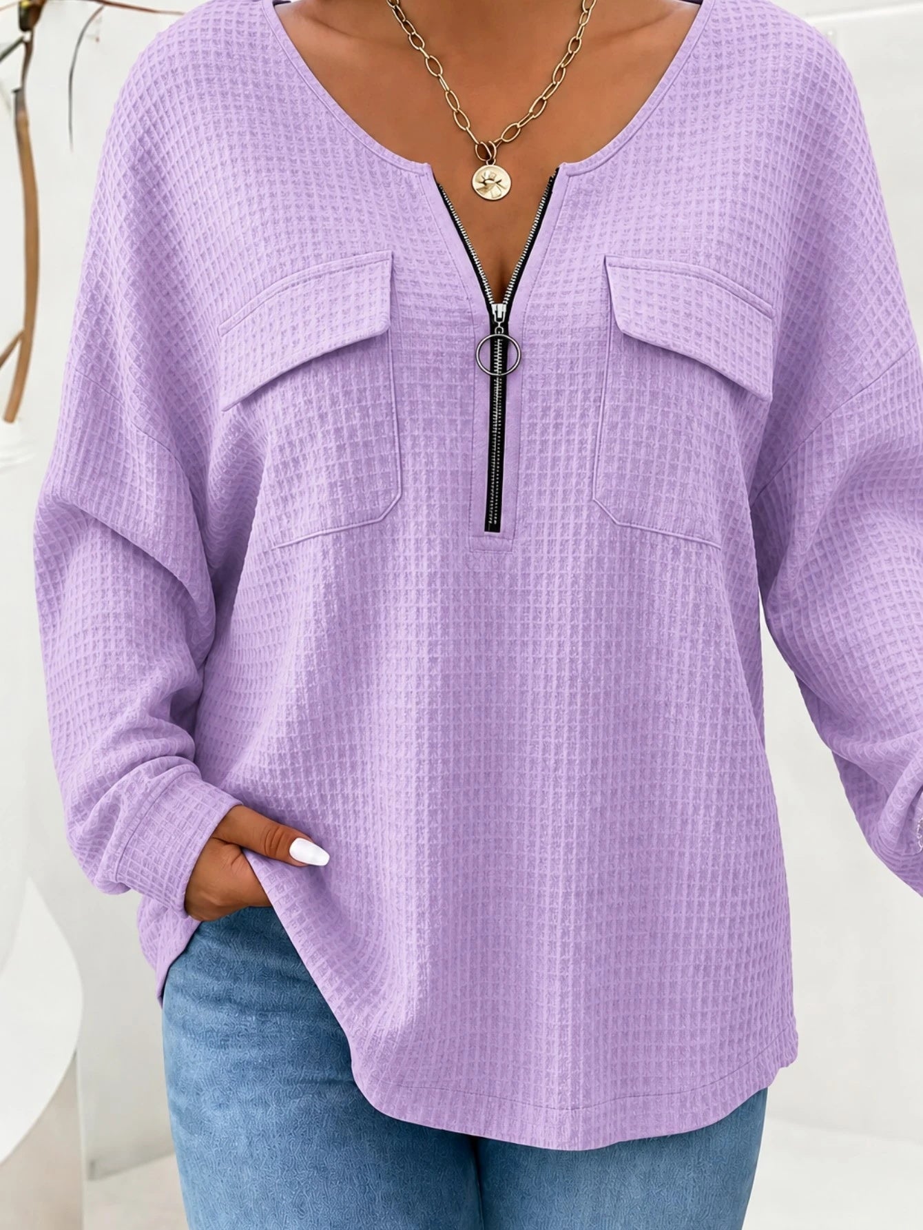 Einfarbiger Damen Pullover mit V-Ausschnitt