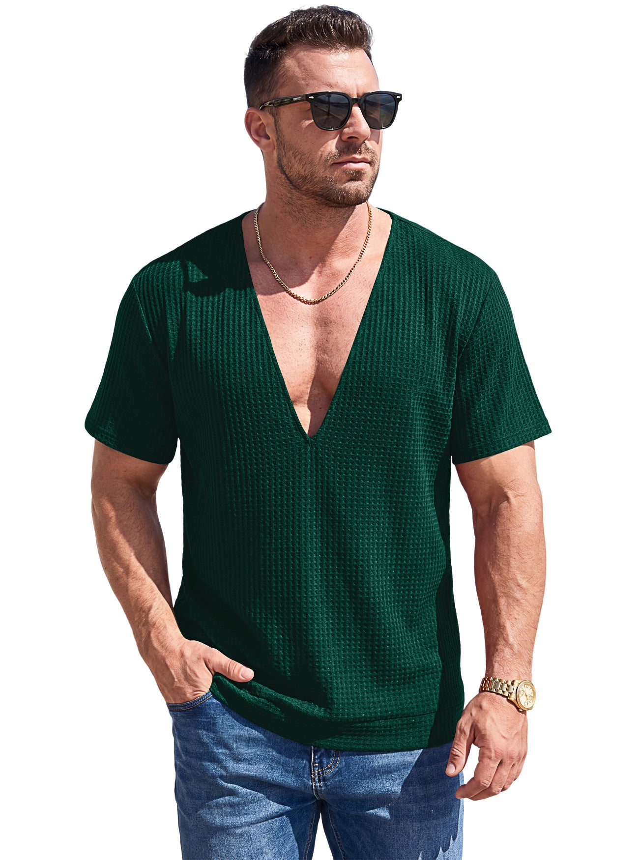 Einfarbiges Wellen-Web T-Shirt mit Tief-V-Ausschnitt Kurzarm