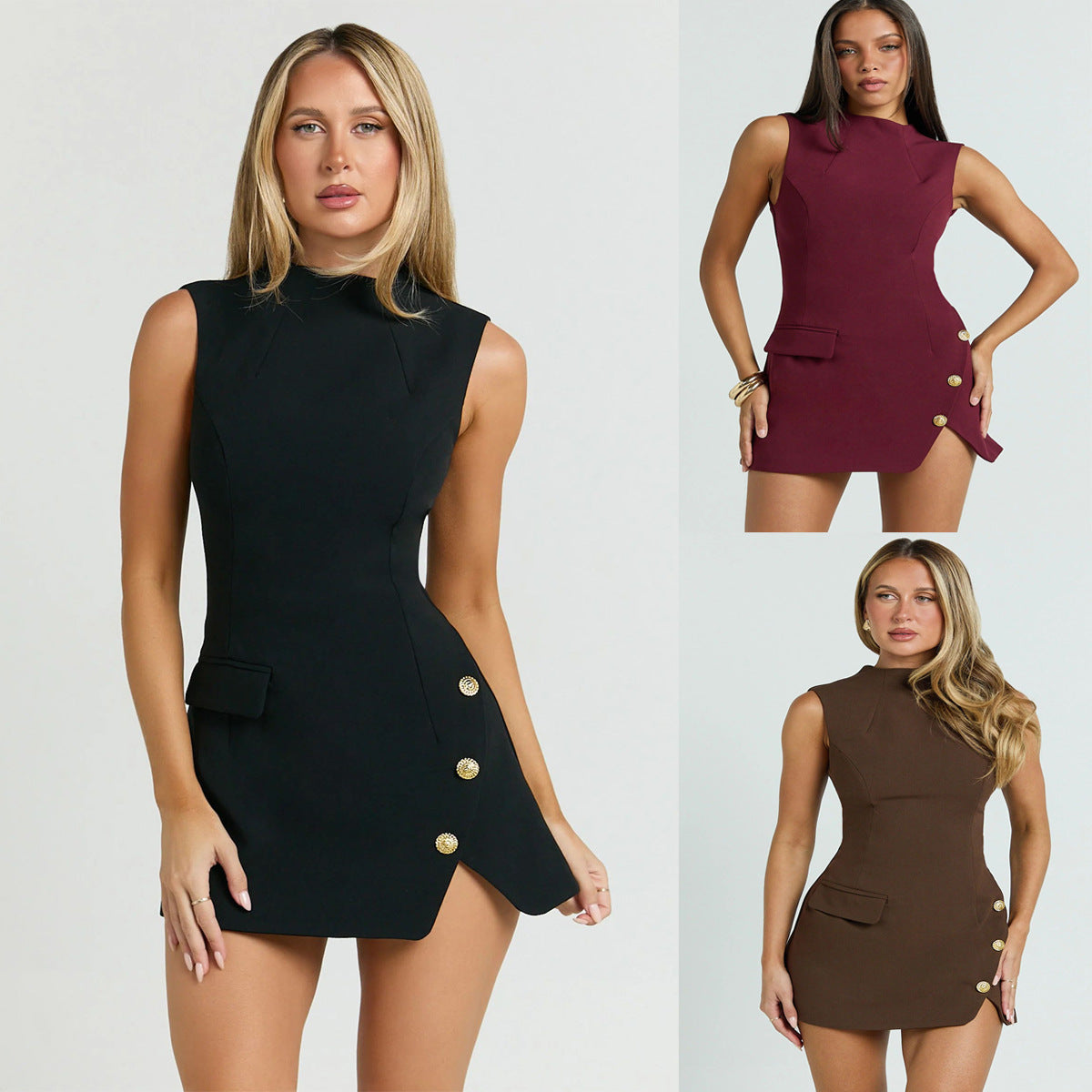 Ärmelloses Schlitzkleid mit Rollkragen