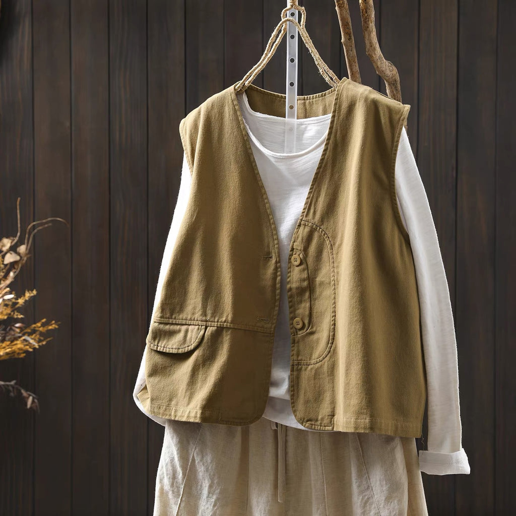 V-Neck Weste aus Baumwoll-Leinen-Mix