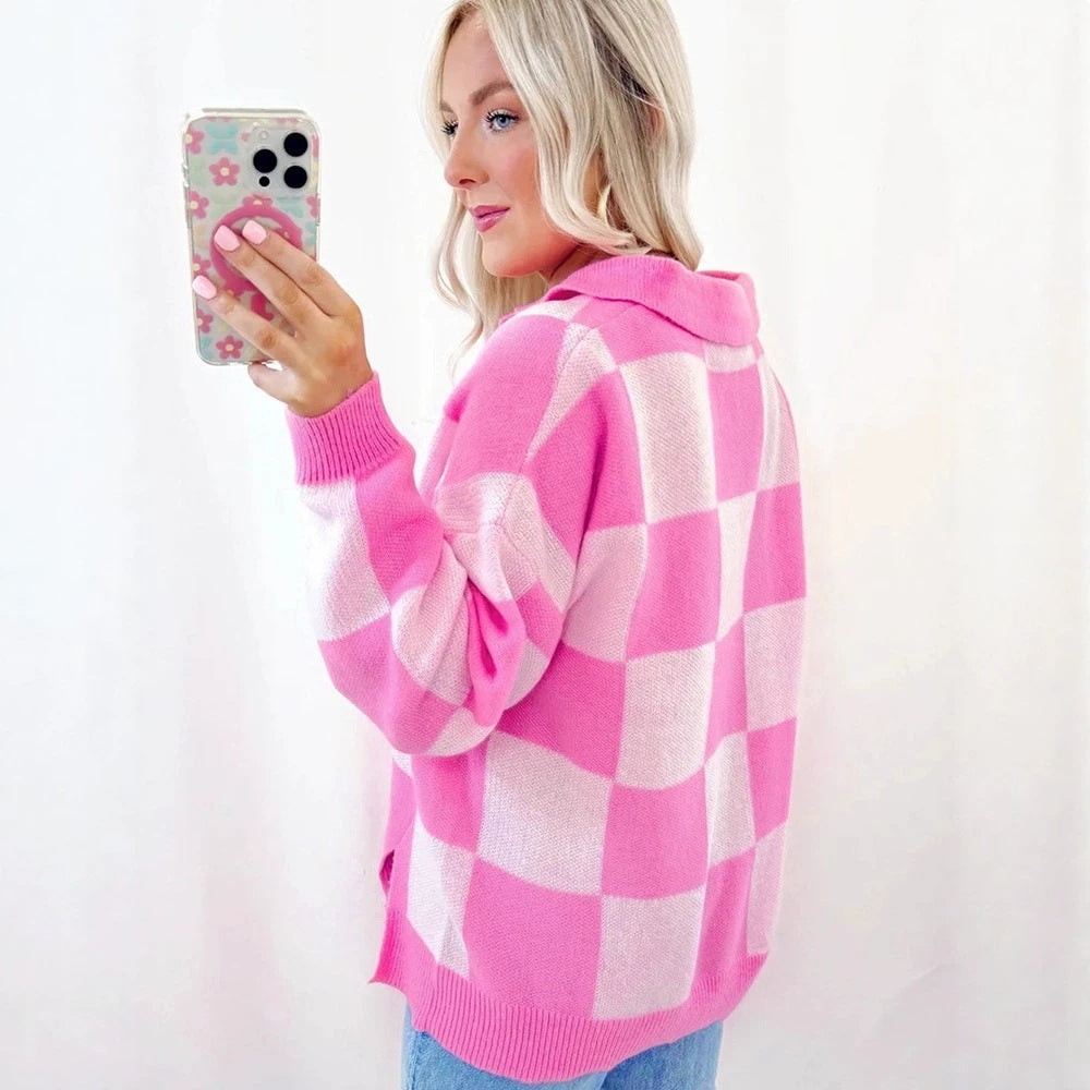 Halb-Knopf Pullover mit Patchwork-Karo