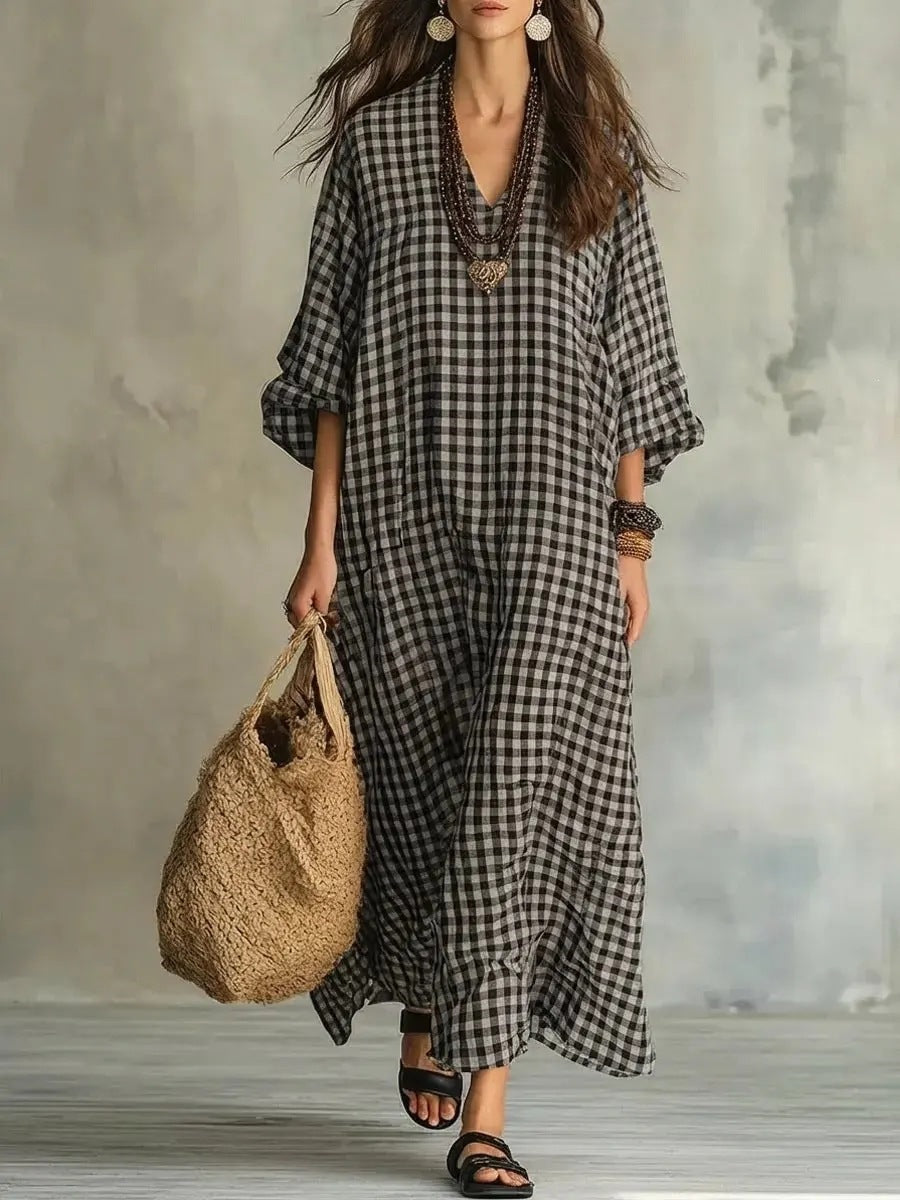 Retro Karo Leinenkleid für Damen