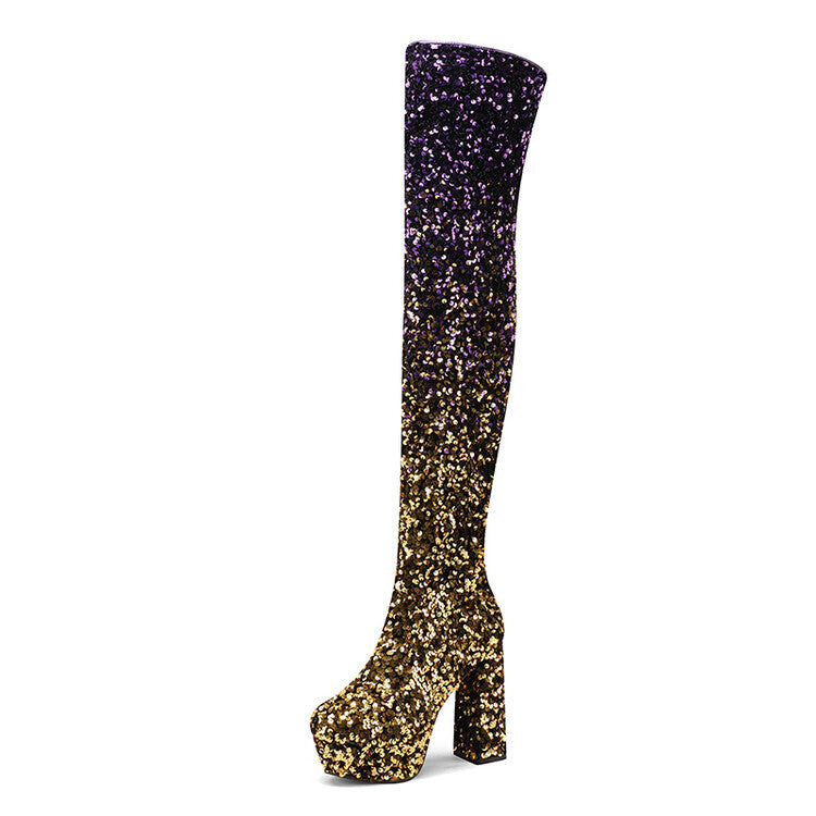 Sequen-Schuhe mit Stilettoabsatz, Überknie