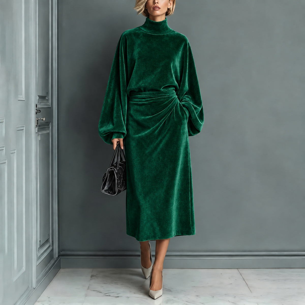 Langärmliges Rollkragenkleid mit A-Linen Rock – Bild 4 | LuxeStyle