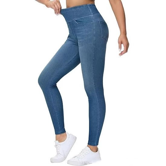 Hohe, elastische Faux-Denim-Hosen