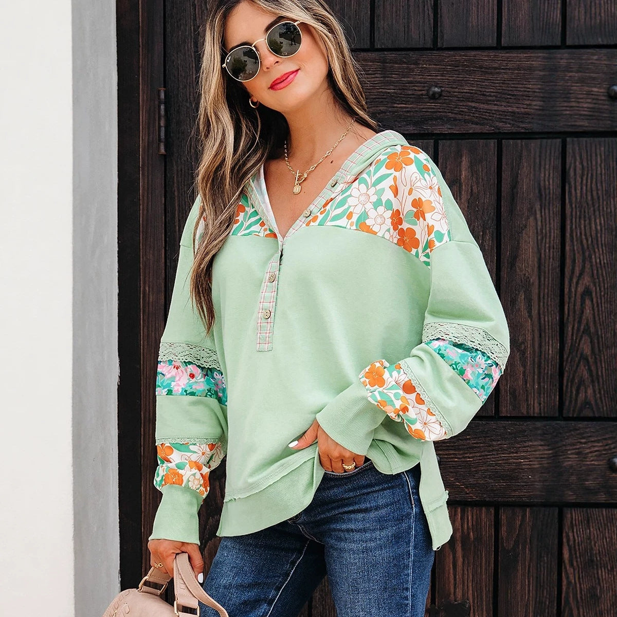 Kapuzen-Langarmshirt mit Blumenmuster für Damen