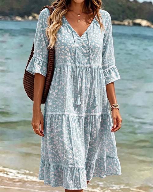 Bedrucktes V-Ausschnitt Midikleid mit 3/4-Ärmeln – Bild 2 | LuxeStyle