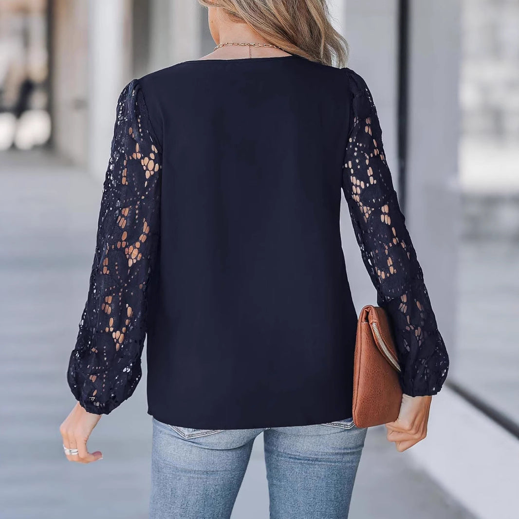 V‑Rückenflorales Spitzenhemd mit Puffärmel | LuxeStyle