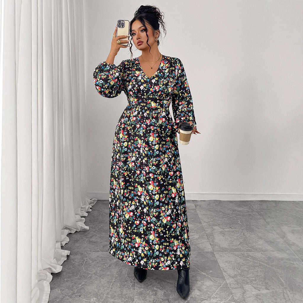 Bedrucktes V-Ausschnitt Maxikleid mit hoher Taille