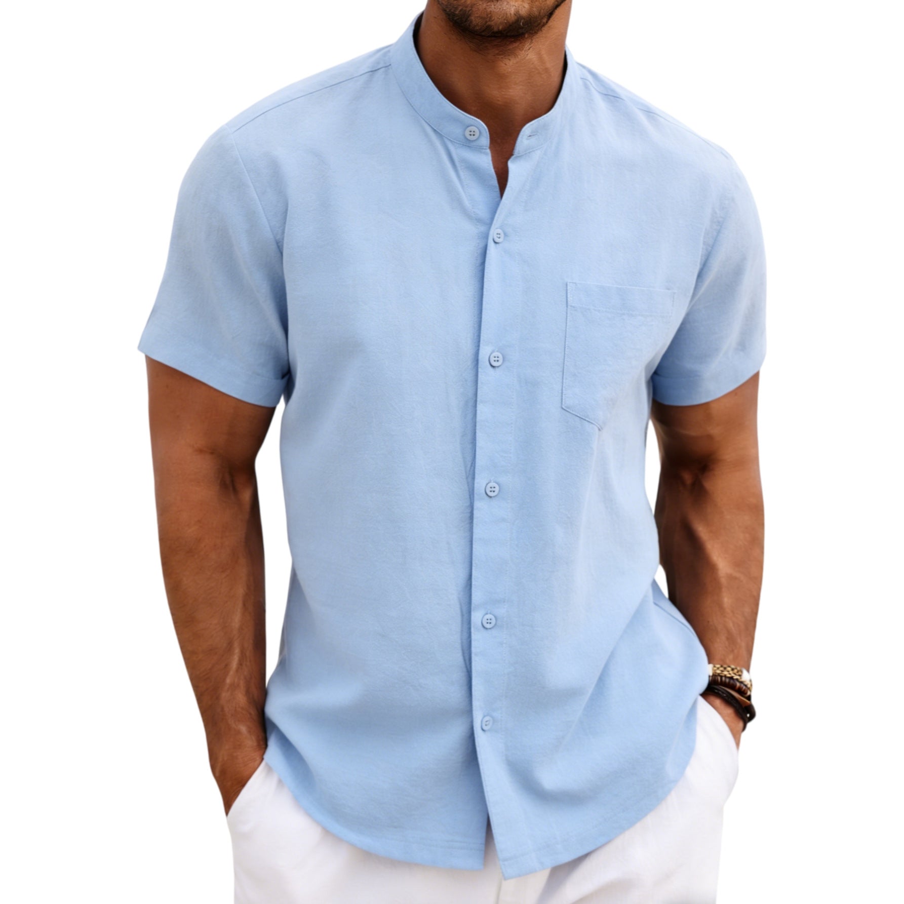 Herren-Sommerhemd «Lido» · Stehkragen, Kurzarm Leinen-Look
