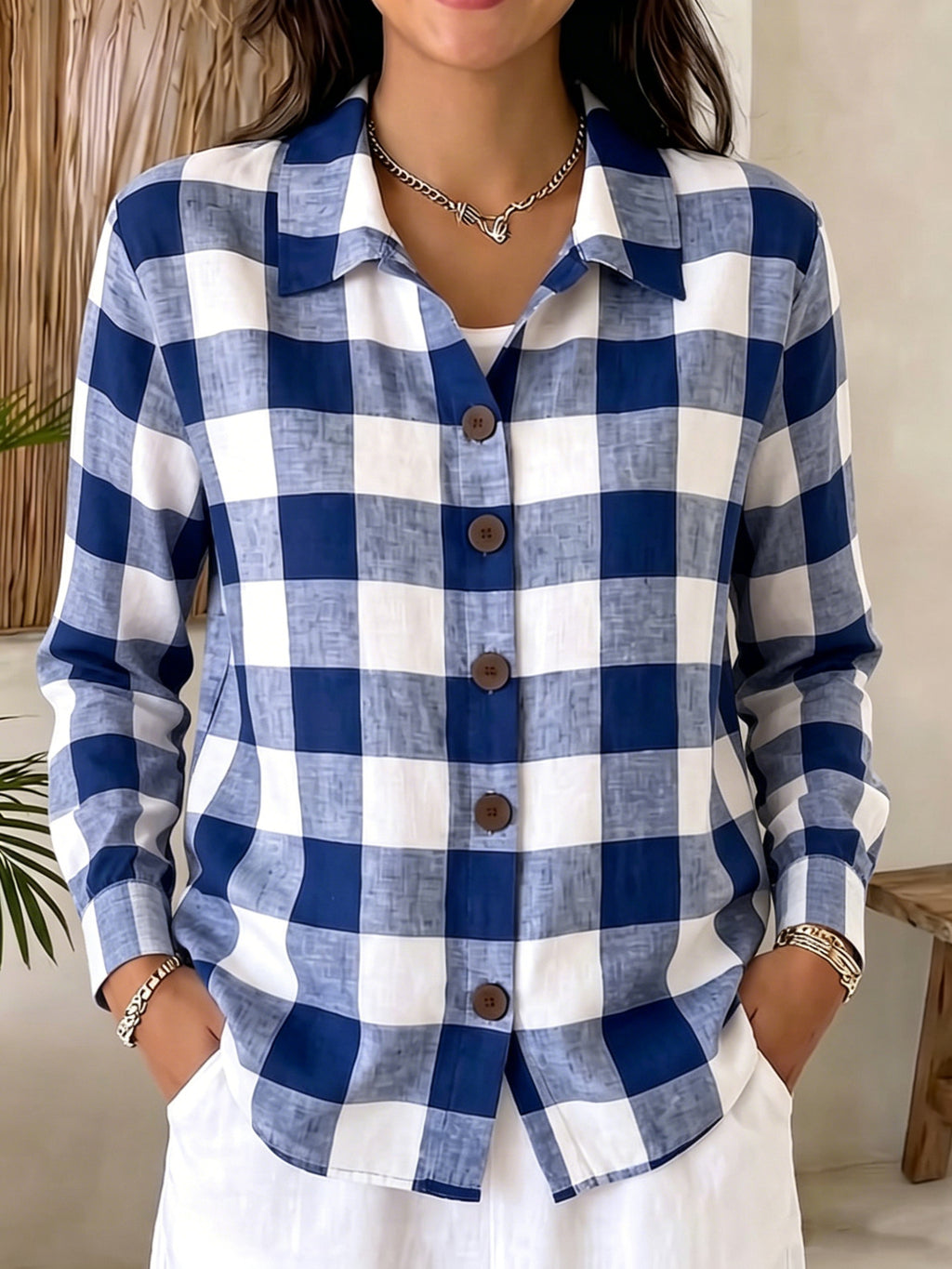 Bequeme Damen Langarm-Plaid-Shirt mit Knöpfen