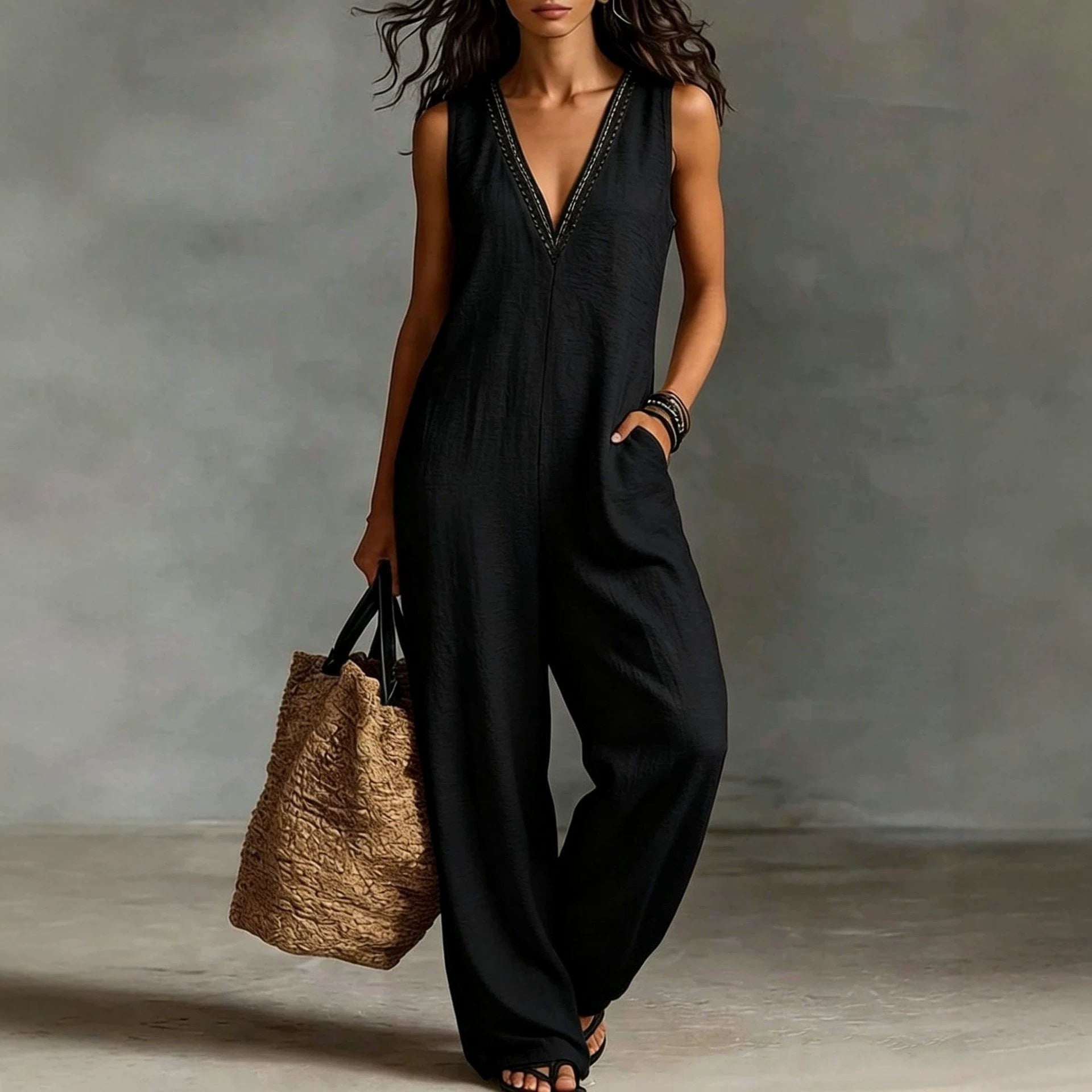 V-Ausschnitt Ärmelloser Jumpsuit mit weitem Bein