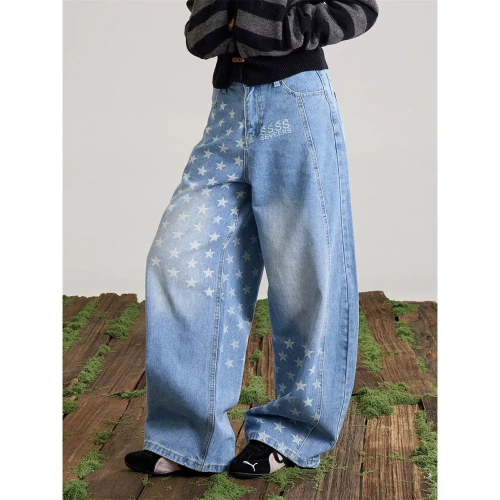 Retro Star-Print Jeans mit weitem Bein – Ansicht 6