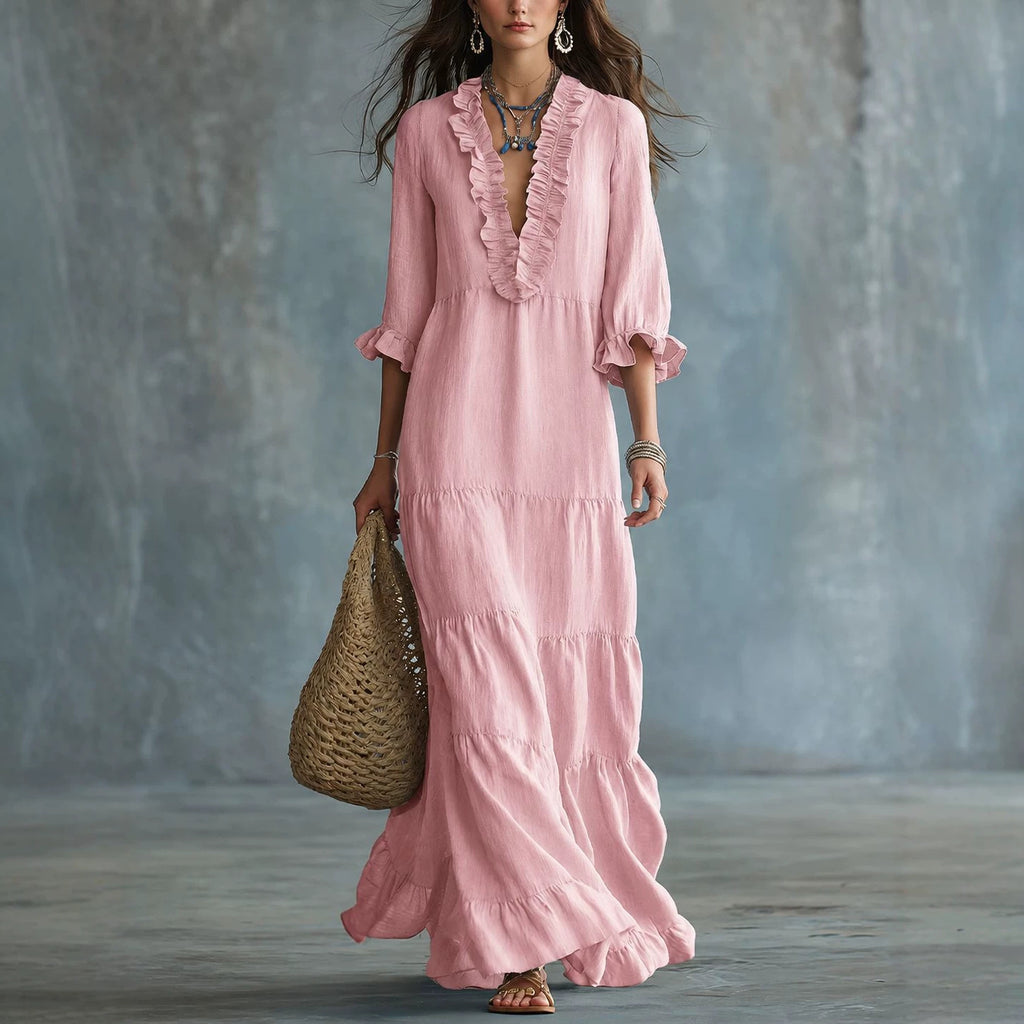 V-Ausschnitt Maxi-Kleid mit Rüschensaum – Bild 5 | LuxeStyle