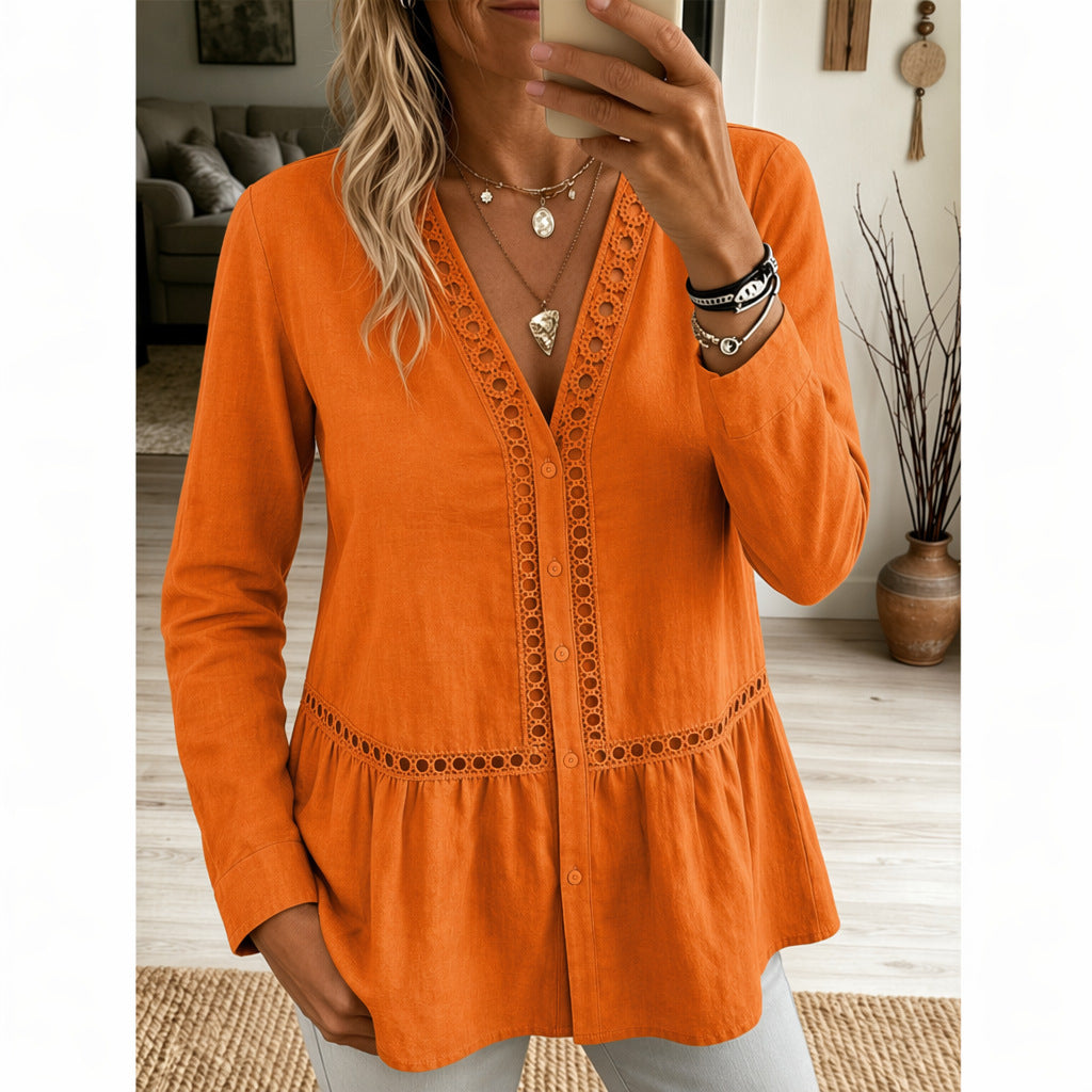 Casual Einfarbiges Langarm-Shirt mit Spitzendesign