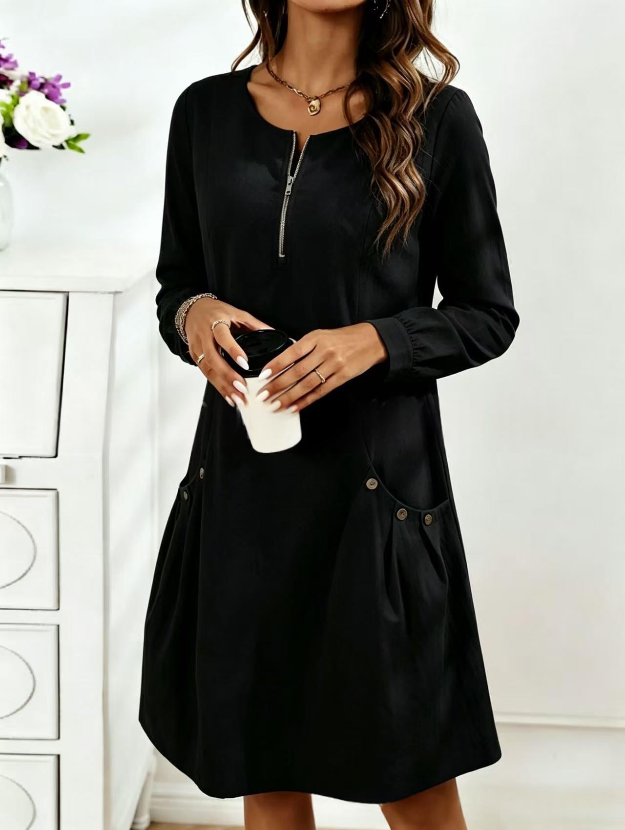 Midilanges Damen-Strickkleid mit halbem Reissverschluss
