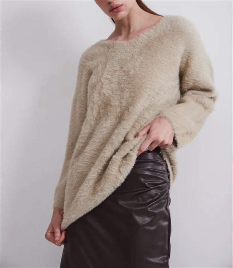 V-Ausschnitt Strickpullover aus Faux Mink Samt