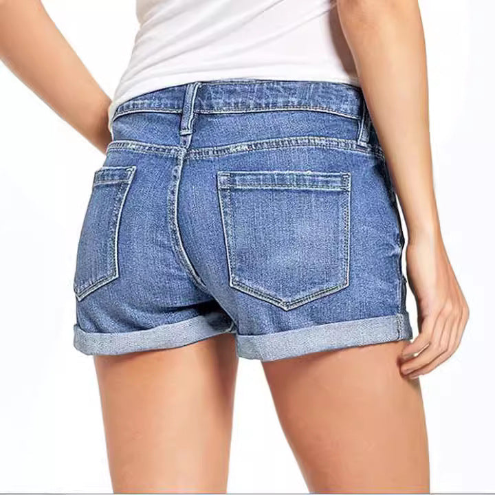 High-Waist Stretch-Denim Shorts mit Rissen
