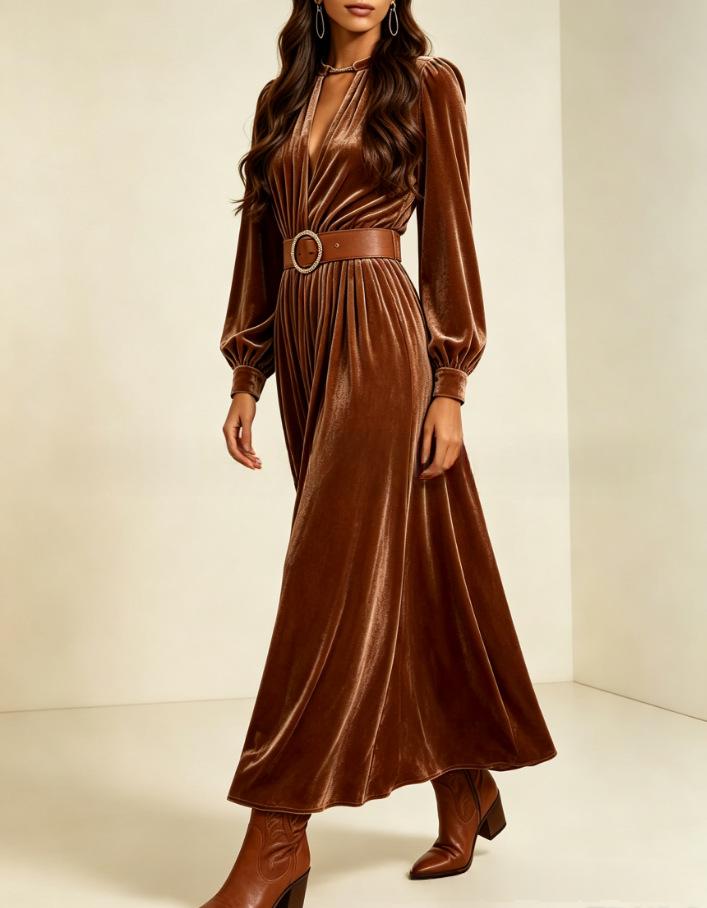 Velvet-Kleid mit V-Ausschnitt und Taillenbetonung