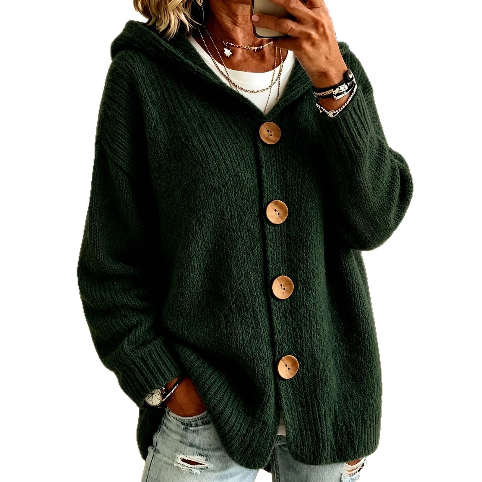 Cardigan mit Kapuze und vier Knöpfen