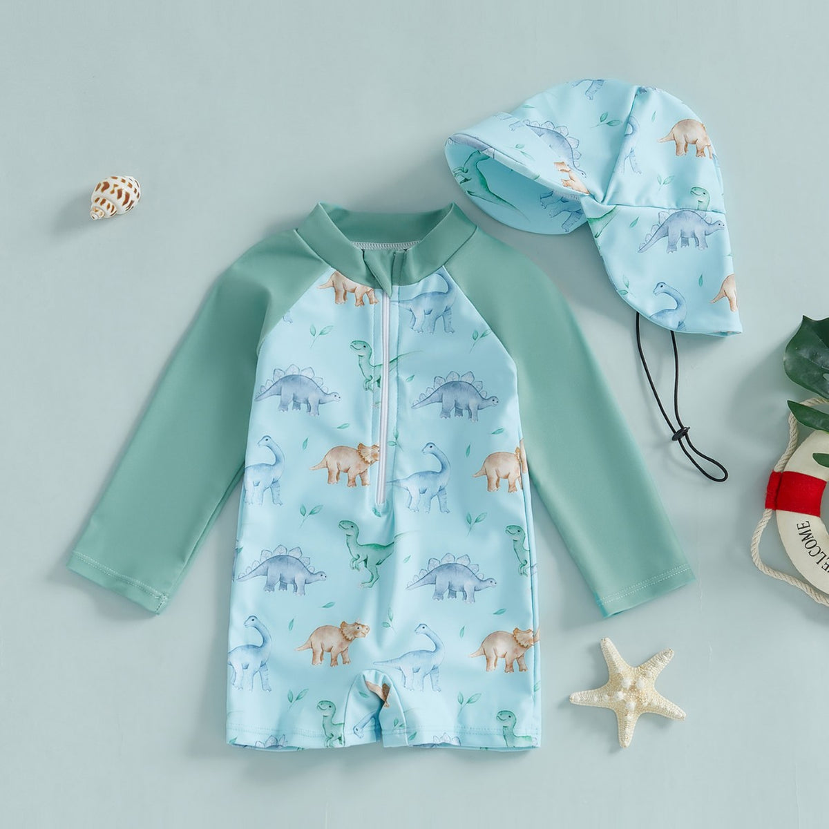 Kinder Badeanzug mit langen Ärmeln – Weiss-Blau, Dinosauriergrün – Bild 4 | LuxeStyle
