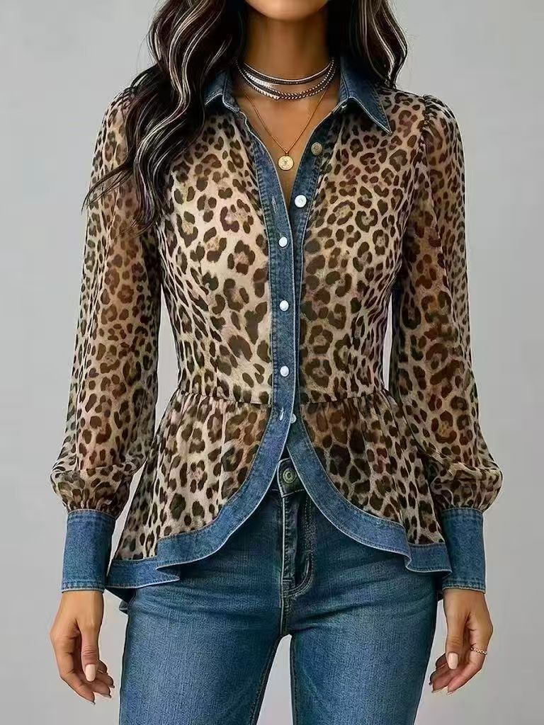 Leoparden-Patchwork Denim Langarmshirt – Ansicht 4