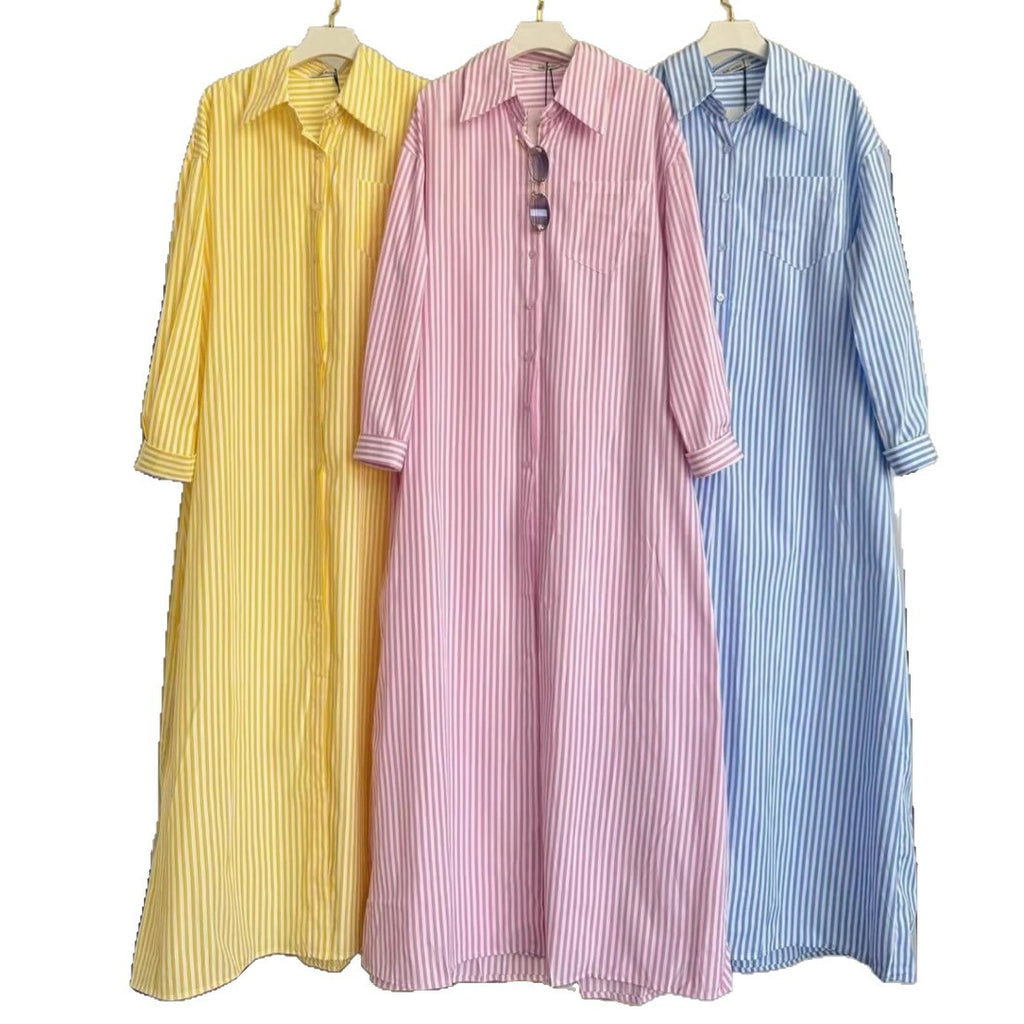 Gestreiftes Langarm-Kleid mit Reverskragen