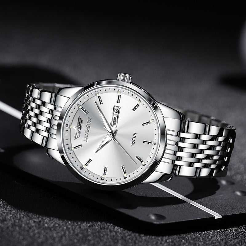 Schlankes Business Armband mit Doppeldatum, wasserdicht und automatisc