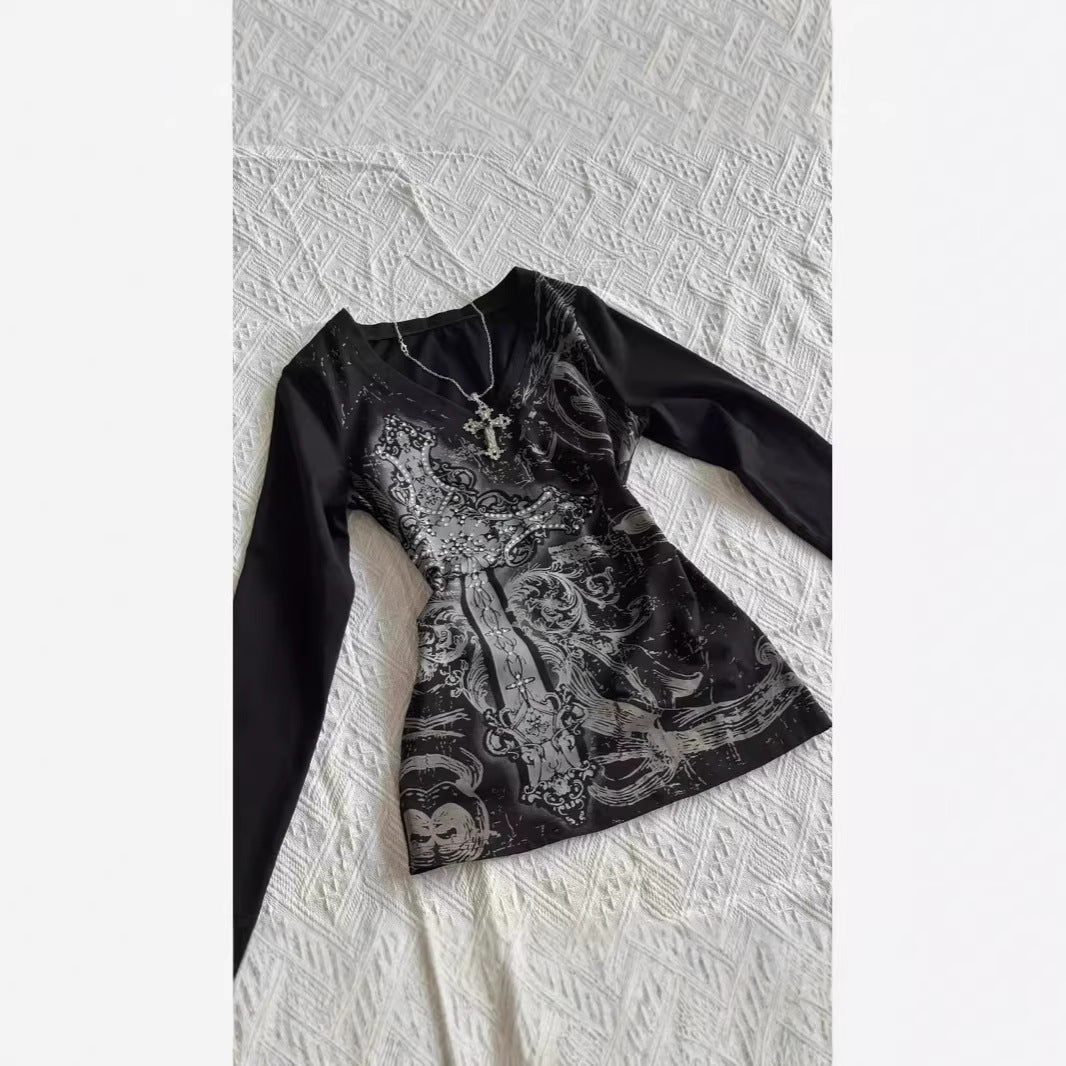 Damen Langarm-Shirt mit V-Ausschnitt & Print